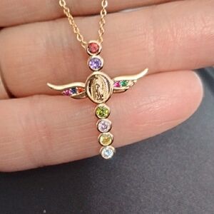 Gold Plated Cross Necklace with Multicolor Gems